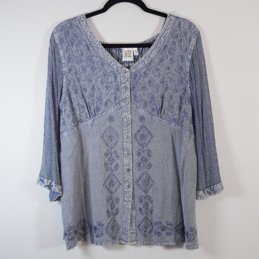 Parsley & Sage Blue Embroidered Tunic Top Large Boho Rayon Button Front India